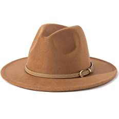 Lisianthus Women Classic Felt Fedora Wide Brim Hat with Belt Buckle A-Khaki at Amazon Women’s Clothing store