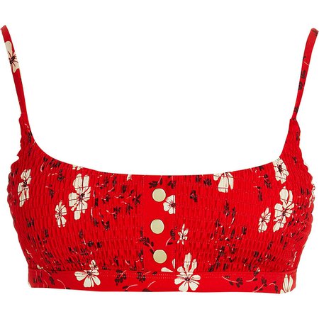 Red floral shirred bikini top | River Island