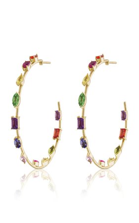 14k Yellow Gold Goddess Hoop Earrings With Rainbow Stones By Eden Presley | Moda Operandi