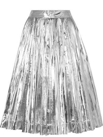 Pleated Lamé Midi Skirt - Silver