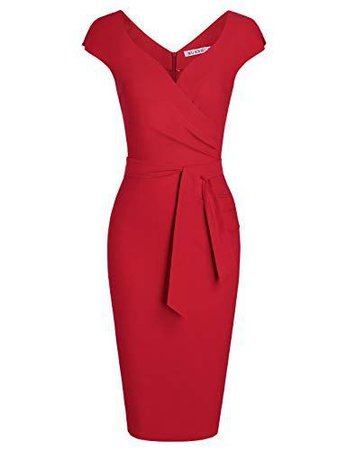 MUXXN Women’s Vintage 1950s Style Wrap V Neck Tie Waist Formal Cocktail Dress Red – Trending In America
