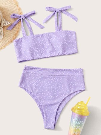 Polka Dot Tie Shoulder High Waist Bikini Swimsuit | SHEIN USA