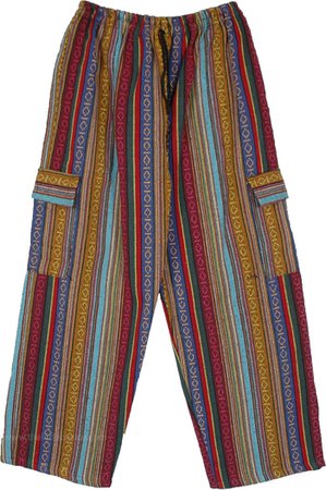 Unisex Multicolor Vertical Stripes with Geometrical Pattern Cargo Pants | Multicoloured | Split-Skirts-Pants, XL-Plus, Tall, Vacation, Fall, Striped, Bohemian, Handmade
