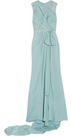 Lace-paneled Pleated Silk-blend Georgette Gown