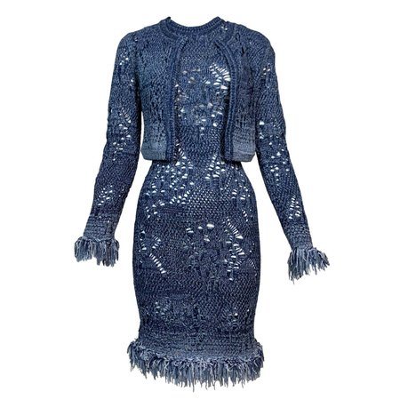 S/S 2000 Christian Dior John Galliano Runway Sheer Blue Knit Dress and Jacket For Sale at 1stDibs