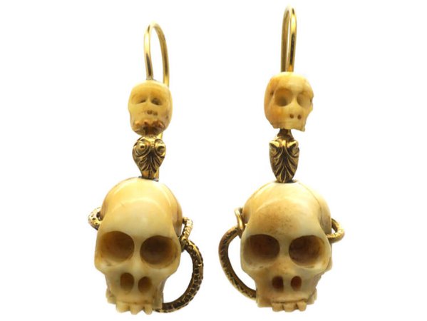 Victorian Bone Skull & Gold Snake Earrings - The Antique Jewellery Company