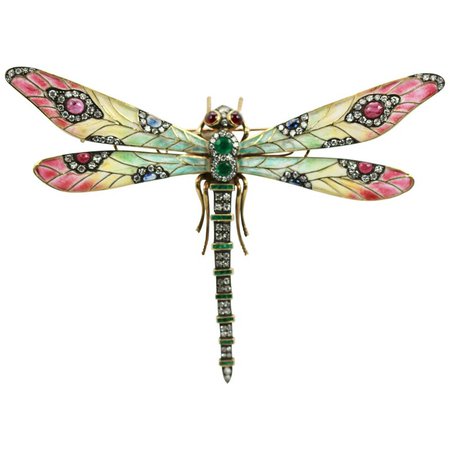 Plique à Jour Huge Diamond Gemstone Dragonfly Brooch