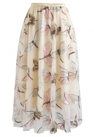 Sequin Dragonfly Embroidery Tulle Skirt in Cream - NEW ARRIVALS - Retro, Indie and Unique Fashion