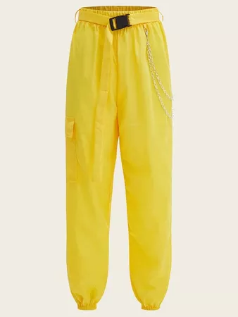 Neon Yellow Chain Detail Belted Cargo Pants | SHEIN USA