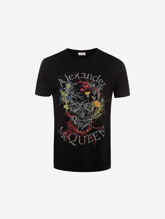 Glowing Botanical Skull T-Shirt in Black/Multicolor | Alexander McQueen US
