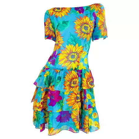 Chic 1980s Silk Chiffon Size 8 / 10 Sunflower Print Turquoise Vintage 80s Dress For Sale at 1stDibs