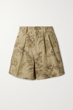 Pleated Floral-print Suede Shorts - Beige