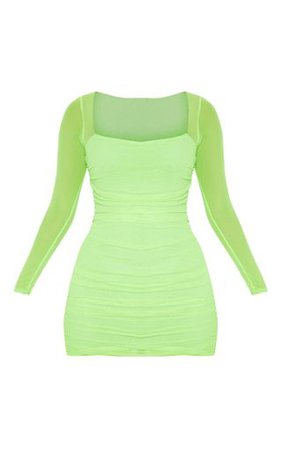 Neon Lime Mesh Ruched Bodycon Dress | Dresses | PrettyLittleThing