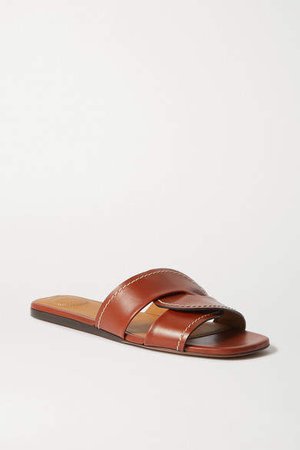 Candice Topstitched Leather Slides - Brown