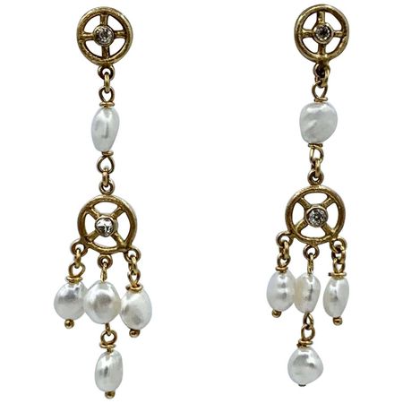 Old Mine Diamond Pearl Dangle Drop Earrings 14 Karat Yellow Gold For Sale at 1stDibs