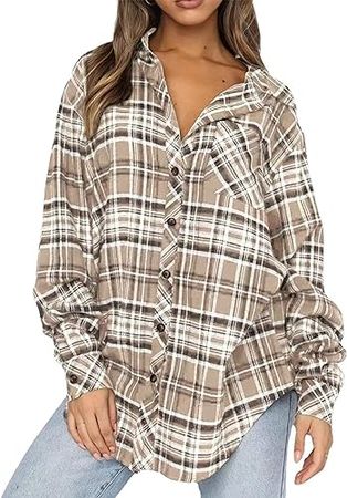 Zontroldy Womens Flannel Plaid Shirts Oversized Long Sleeve Button Down Buffalo Plaid Shirt Blouse Tops (0888-Apricot-M) at Amazon Women’s Clothing store