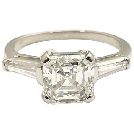 2.01 Carat Asscher Cut Diamond and Tapered Baguette Platinum Ring For Sale at 1stDibs