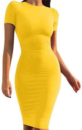 Amazon.com: Mokoru Women's Casual Basic Pencil Dress Sexy Long Sleeve Bodycon Midi Club Dress, Medium, Short Sleeve Yellow : Clothing, Shoes & Jewelry