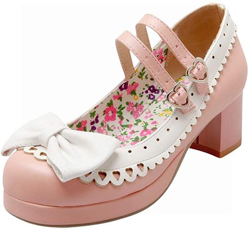 Amazon.com | Latasa Women's Cute Lolita Cosplay Bow Floral Mid Chunky Heel Mary Jane Pumps Shoes (5, Pink) | Pumps