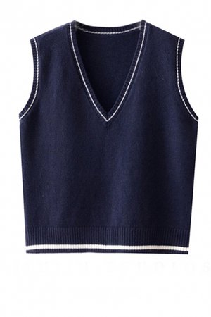 Preppy Girls' Sleeveless Deep V-Neck Contrast Piped Relaxed Fit Plain Purl Knit Pullover Sweater Vest - Beautifulhalo.com