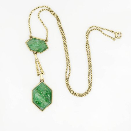 Hexagon Carved Lotus and Bird in a Green Jade Pendant Necklace For Sale at 1stdibs