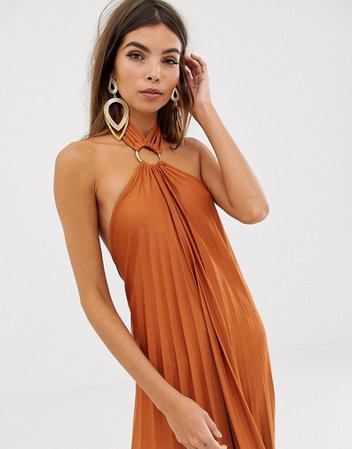 ASOS DESIGN halter trapeze pleated maxi dress with ring detail | ASOS