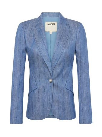 L'AGENCE - Chamberlain Single-Breasted Linen-Blend Blazer in Slate Blue Pinstripe