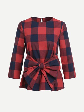 Bow Belted Keyhole Back Gingham Top