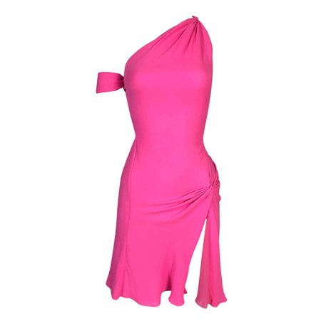 F/W 2002 Gianni Versace Runway One Shoulder Neon Pink Silk High Slit Mini Dress For Sale at 1stDibs