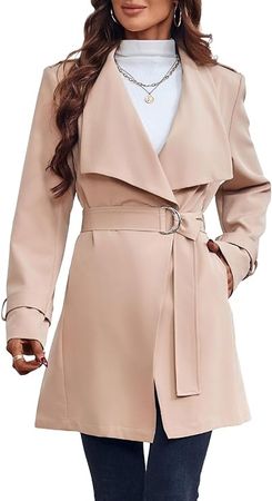 Amazon.com: Womens Classic Open Front Trench Coat Windproof Lapel Slim Mid-Length Overcoat with Belt : Clothing, Shoes & Jewelry