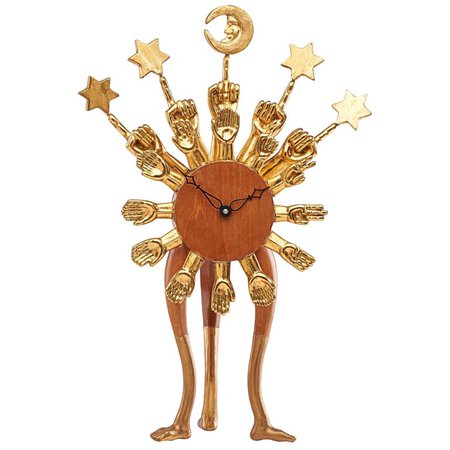 Pedro Friedeberg Exceptional Surrealist Carved Clock, Gilt Wood, Mexico 1970s