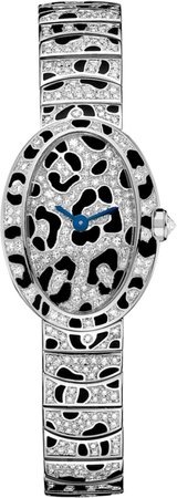 CRHPI00704 - Mini Baignoire panther spots watch - Mini, rhodiumized 18K white gold, enamel, diamonds - Cartier