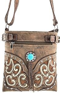 Justin West Tooled Gleaming Turquoise Stone Floral Laser Cut Rhinestone Messenger Bag Purse with Long Cross Body Strap (Tan Brown): Handbags: Amazon.com