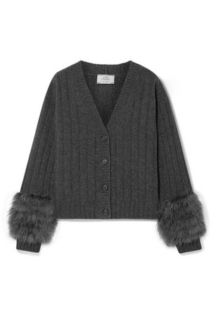 Prada | Feather-trimmed ribbed wool and cashmere-blend cardigan | NET-A-PORTER.COM