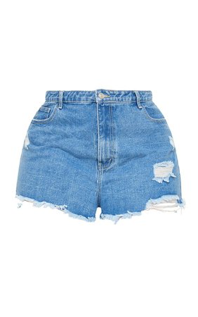 Plus Light Blue Wash Distressed Detail Denim Mom Shorts | PrettyLittleThing