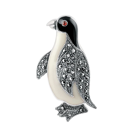 Penguin Pin Brooch Art Deco Style 925 Sterling Silver English Hallmarks Set Garnet In Eyes Marcasite and Enamel by JewelAriDesigns