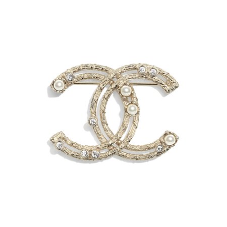 Metal, Glass Pearls & Strass Gold, Pearly White & Crystal Brooch | CHANEL