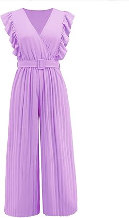 Amazon.com: OLUOLIN Women's 2023 Summer Jumpsuit V Neck Ruffle Sleeve Belted Dressy High Waist Wide Leg One Piece Casual Outfits Romper Purple : Clothing, Shoes & Jewelry