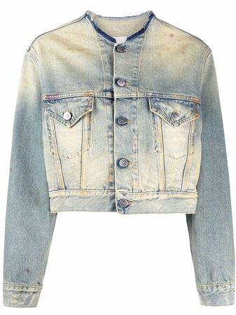 Shop Maison Margiela distressed-effect collarless denim jacket with Express Delivery - FARFETCH