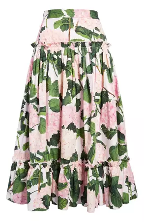 Oscar de la Renta Hydrangea Print Pleated Tiered Stretch Cotton Maxi Skirt | Nordstrom