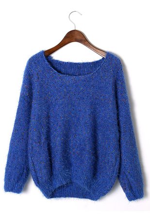 Blue Sweater - Blue Fluffy Long Sleeve Sweater | UsTrendy