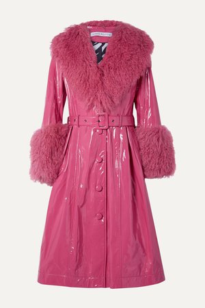 Bright pink Foxy neon belted shearling-trimmed patent-leather coat | Saks Potts | NET-A-PORTER
