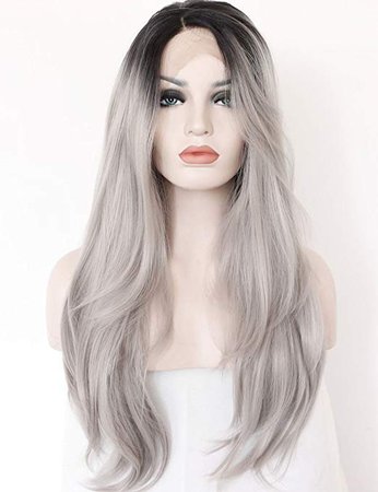 Amazon.com : K'ryssma Ombre Gray 2 Tones Synthetic Lace Front Wig Dark Roots Long Natural Straight Silver Grey Replacement Hair Wigs For Women Heat Resistant Fiber Hair Half Hand Tied 22 Inches : Beauty