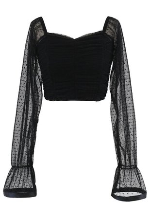 Ruched Dot Mesh Sweetheart Crop Top in Black - Retro, Indie and Unique Fashion