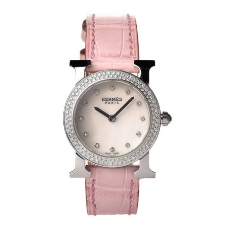 HERMES Stainless Steel Alligator Mother of Pearl Diamond 25mm Heure H Ronde Quartz Watch Pink 423180