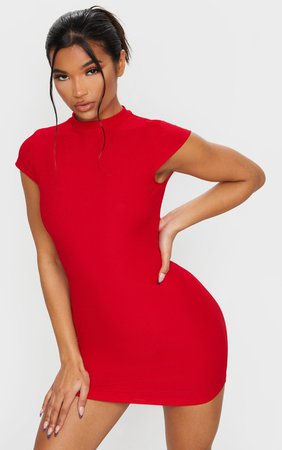Red High Neck Ribbed Bodycon Dress | Dresses | PrettyLittleThing