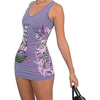 Sexy Y2K Bodycon Dresses Sleveeless Cute Dragon Graphic Tank Dress Causal V Neck Summer Mini Dress for Teen Girls (Pink Y2k Dress, S) at Amazon Women’s Clothing store