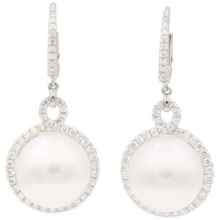 South Sea Pearl and Diamond Dangle Earrings For Sale at 1stDibs