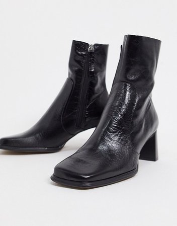 ASOS DESIGN Roisin premium leather square toe boots in black | ASOS