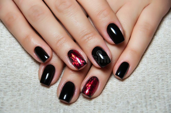 Black Nails With Red Foil On The Ring Finger Stock Photo - Image of objects, painting: 72667694